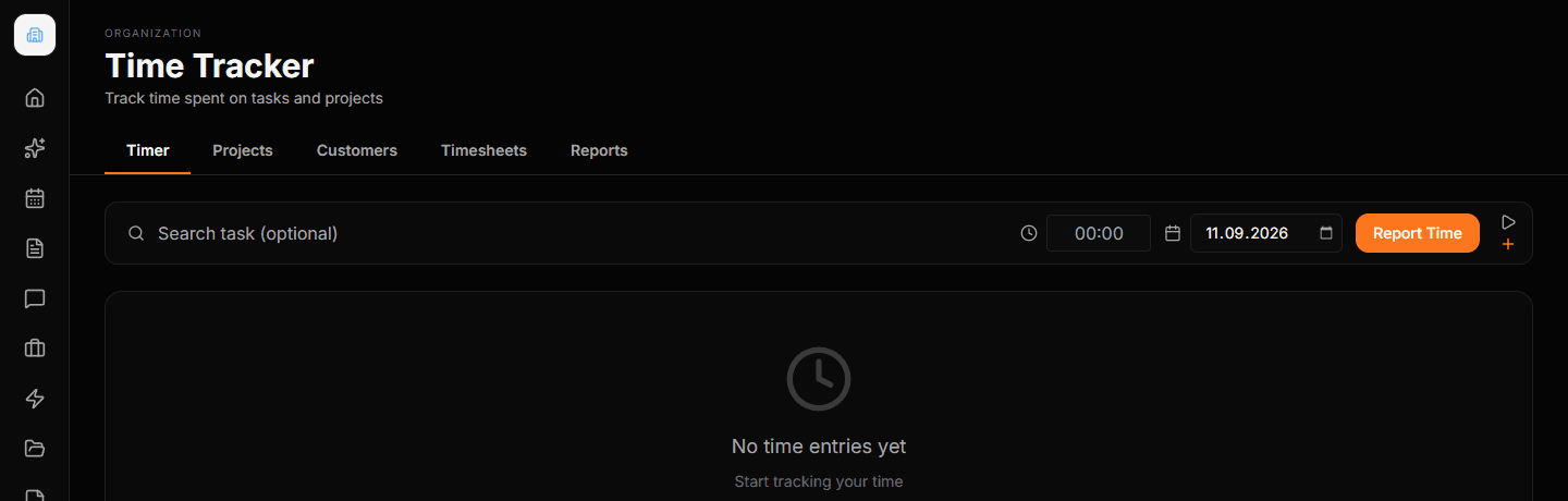 Time tracking page in manual entry mode